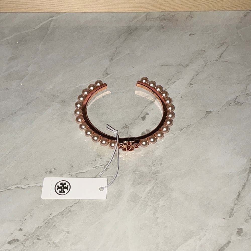 Tory Burch Logo Pearl and Rose Gold Tone Cuff Bracelet - Picture 4 of 6